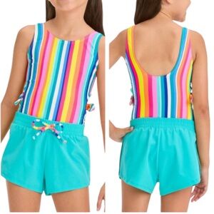Cat & Jack Girls One Piece Striped Swimsuit and Shorts Set